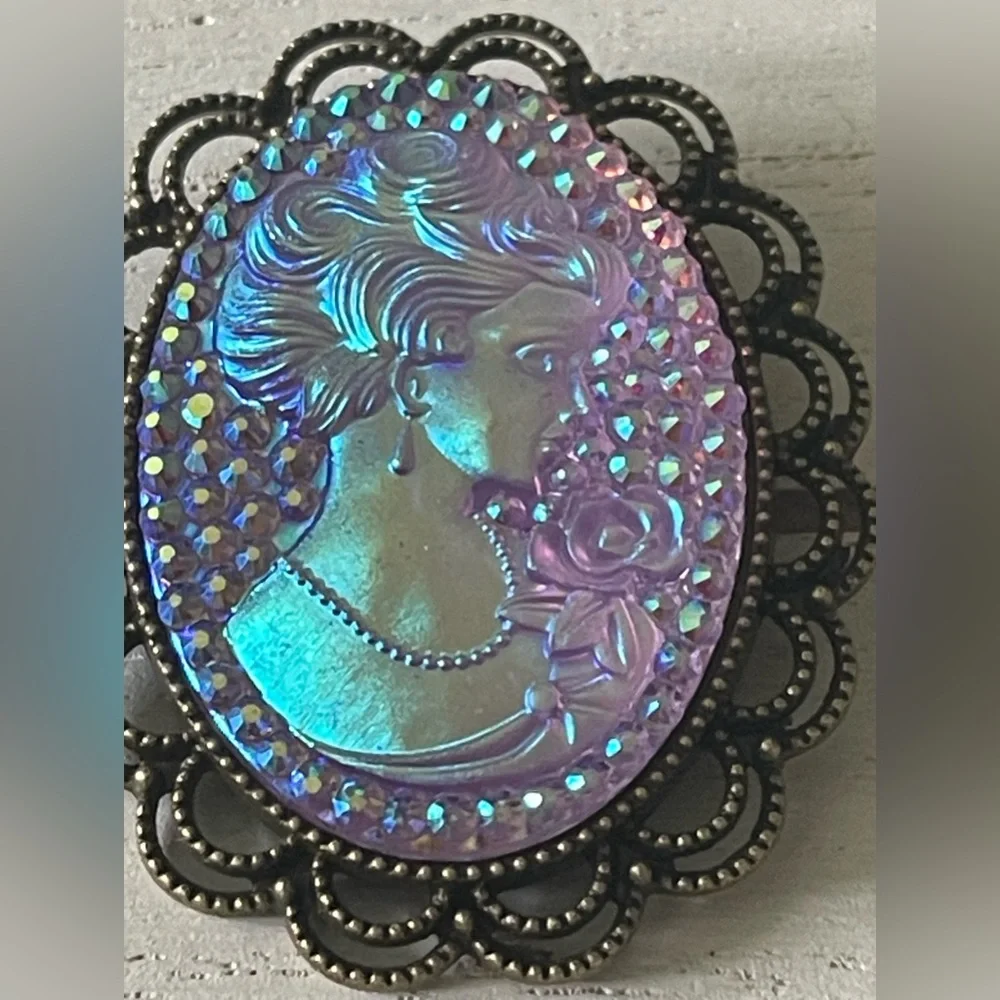 Iridescent Purple, Pink, Woman Victorian, Cameo Statement Brooch, Lapel Pin